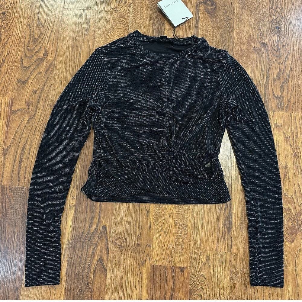 ALLSAINTS Skylar Draped Metallic Top Women’s Small Black Long Sleeve NWT